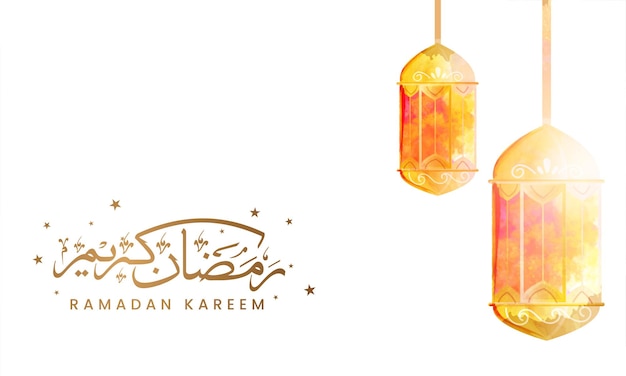 Arabic Calligraphy Of Ramadan Kareem With Stars And Watercolor Effect Lanterns Hang On White Background