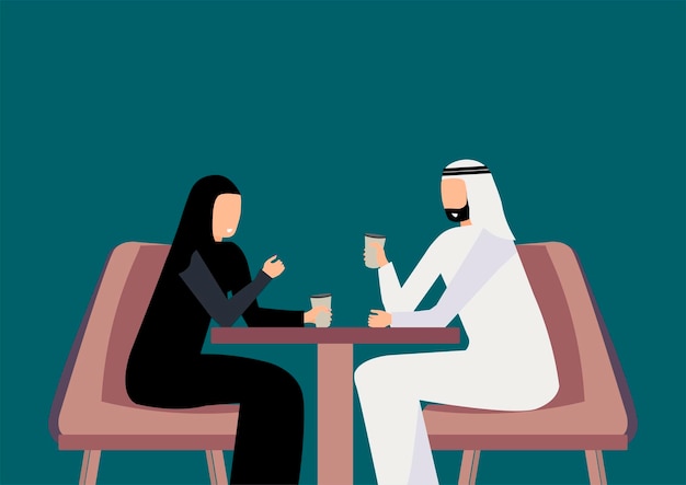 Arabic couple sitting in cafe and drinking coffee