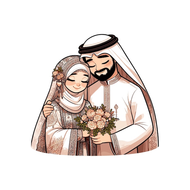 Vector arabic couple wearing a flowing abaya or a modern dress and a thobe or a suit