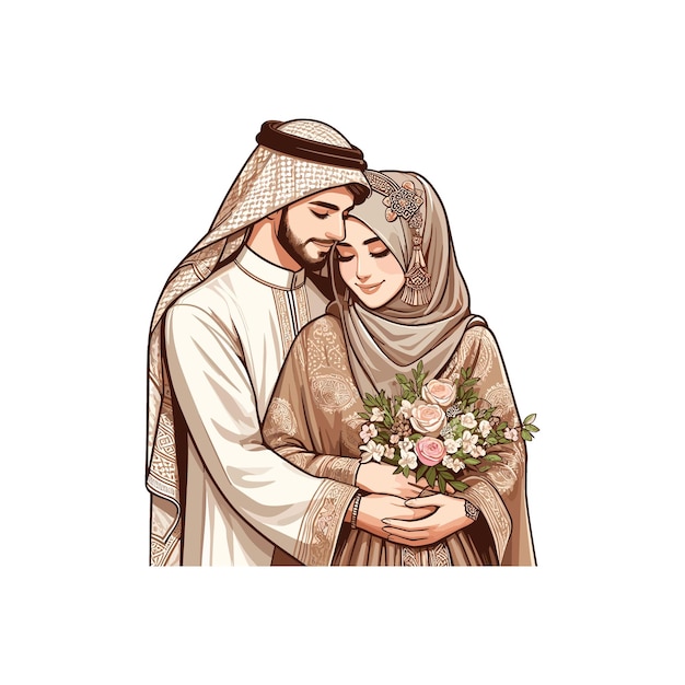 Vector arabic couple wearing a flowing abaya or a modern dress and a thobe or a suit