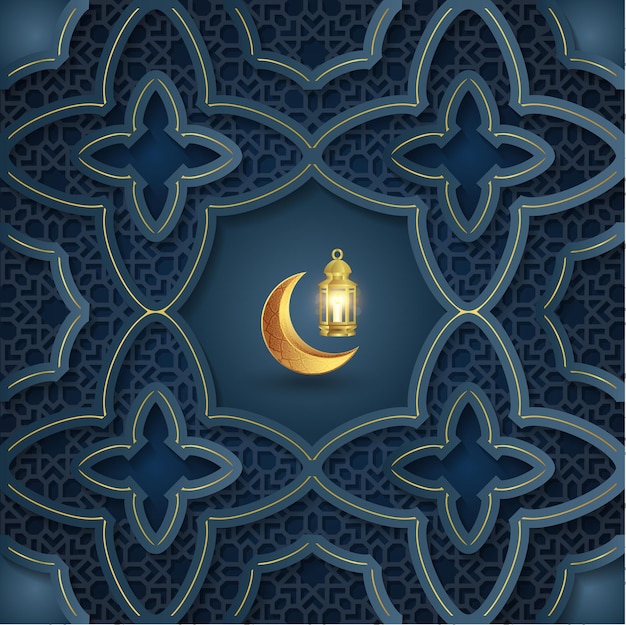 Arabic Islamic Arch dark blue and Golden Luxury Ornamental Background with Islamic Pattern Frame