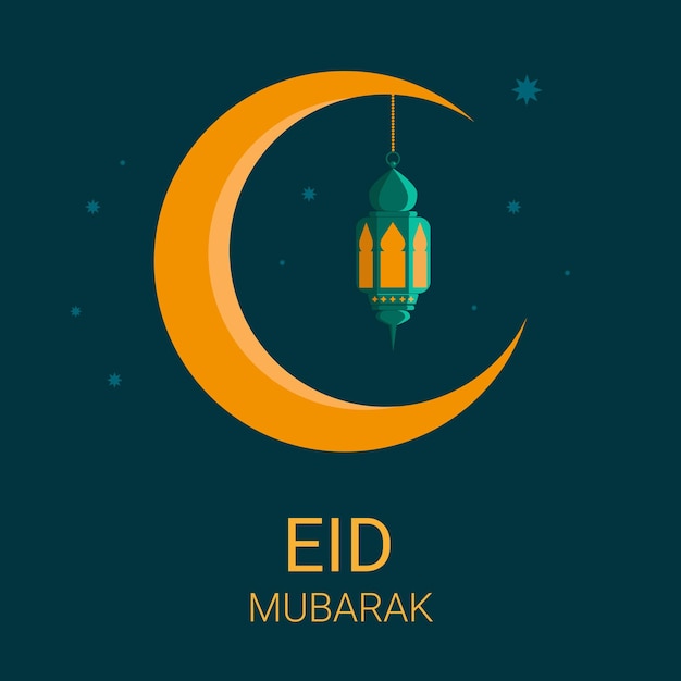 Arabic lantern in the crescent moon against the background of the starry sky and the inscription EID MUBARAK