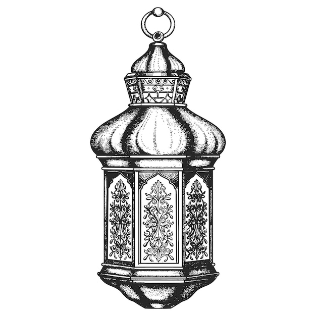 arabic lantern illustration with engraving style black color only