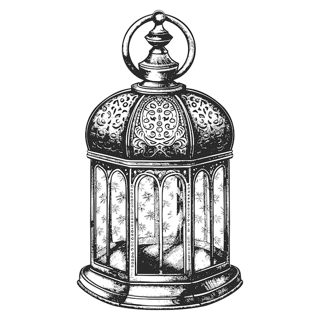 arabic lantern illustration with engraving style black color only