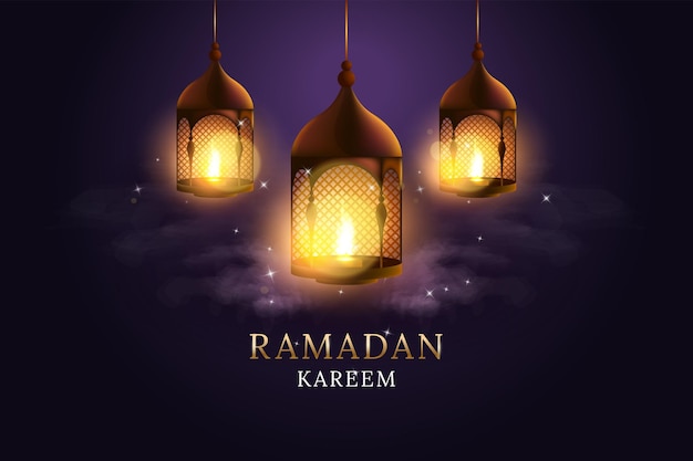 Arabic lantern with burning candle set. Ramadan Kareem.