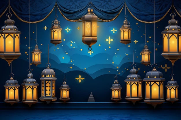 Arabic Lanterns Ramadan Flier Blue Background