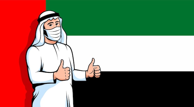 arabic man in medical mask thumbs up on united arab emirates flag background new normal