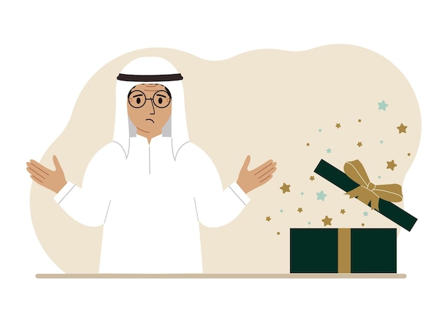 A arabic man next to an open gift The concept of a holiday surprise promotion discount