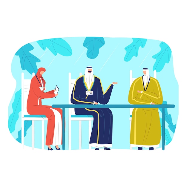 Arabic muslim businessman businesswoman sitting office workplace business work flat vector