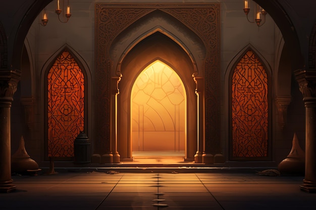 Arabic Ramadan portal Window on modern wall background Design creative concept of islamic celebrat