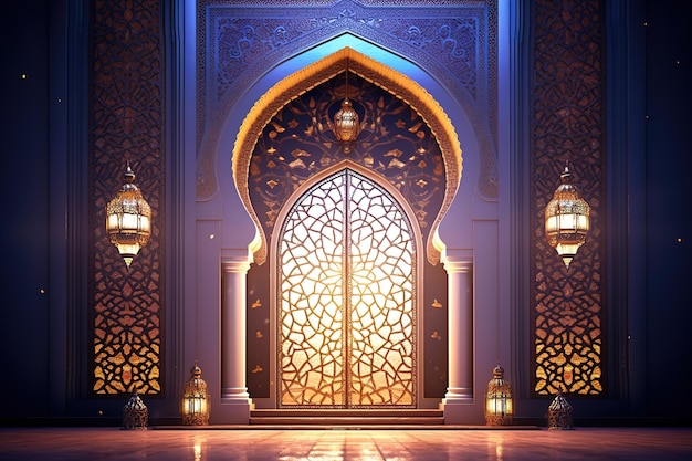 Arabic Ramadan portal Window on modern wall background Design creative concept of islamic celebrat