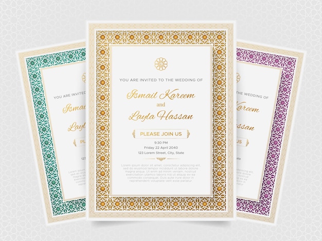 Arabic-style wedding invitation card design with Islamic colorful border