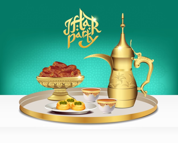 Arabic tea set with bowl of dates. Ramadan iftar party food.   illustration