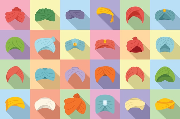 Arabic turban icons set flat vector Arab hat