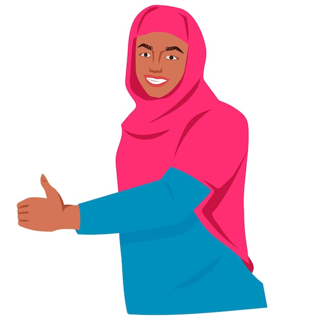 Arabic woman in hijab showing thumb up gesture and smiling flat vector