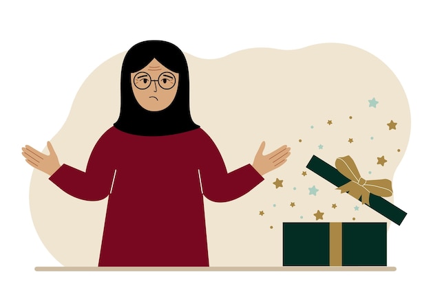 A arabic woman next to an open gift The concept of a holiday surprise promotion discount