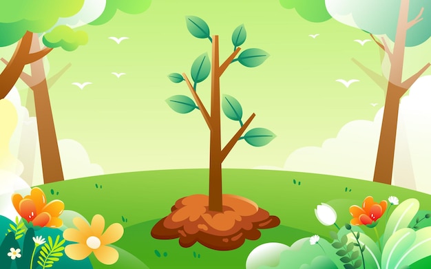 Arbor day, characters are planting small saplings, forest and plants in the background, vector