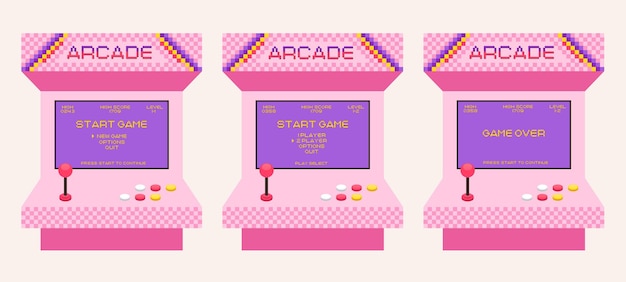 Arcade game screen in retro pixel style Gaming console machine with menu in style of 80s 90s