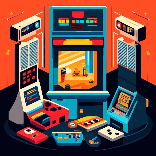 Vector arcade game world and pixel scene vector illustration flat 2