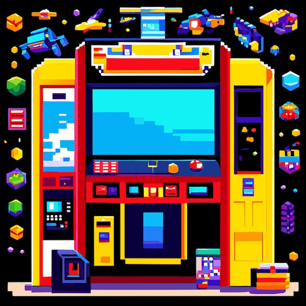 Vector arcade game world and pixel scene vector illustration