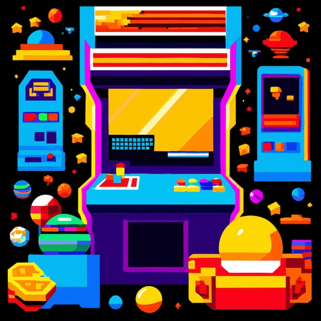 Vector arcade game world and pixel scene vector illustration