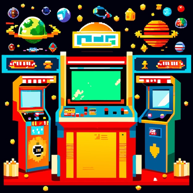 Vector arcade game world and pixel scene vector illustration