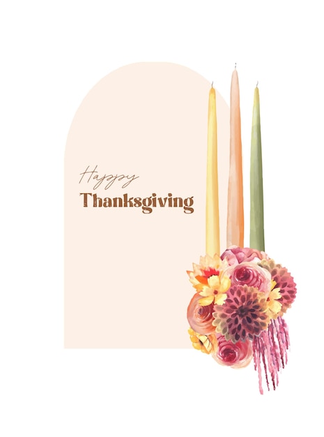 Arch frame decorated by autumn flowers and candles, Thanksgiving greeting card design