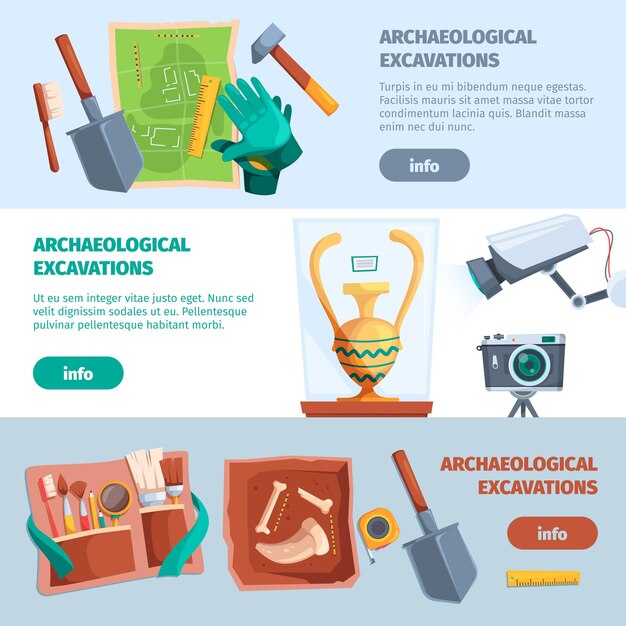 Vector archaeological banners ancient tools for history adventure education excavations finding various artifacts maps garish vector banner templates with personal text