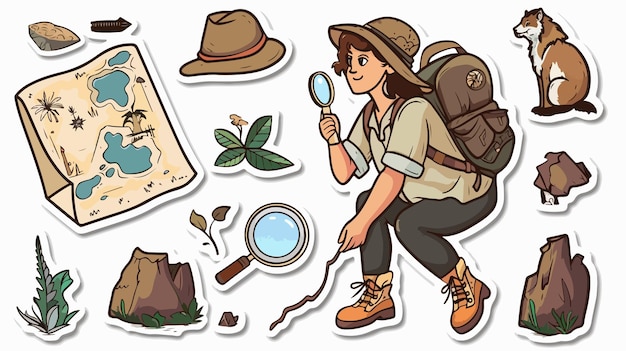 Vector archaeological stickers with female archaeologist examining artifacts