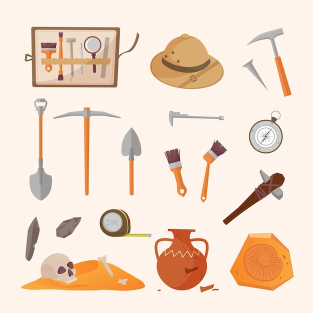 Vector archaeological tools and finds set. brushes instruments for excavating historical treasures sun hat tape measure for measuring territory ancient amphora and tools primitive people. vector artifacts.