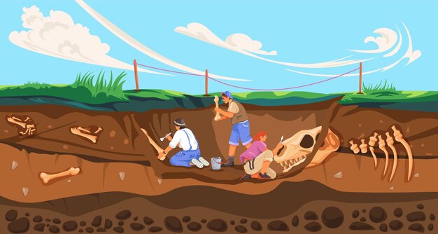 Vector archaeologist dig fossils archeological works archaeology scientist digging fossil in soil paleontology excavation study history artifacts discover recent vector illustration