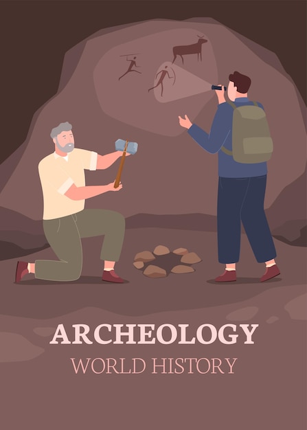 Archaeologists are exploring a prehistoric cave Rock paintings Vector illustration