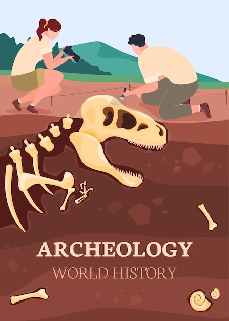 Archaeologists are researching a prehistoric animal Excavation of a dinosaur skeleton Vector illustration