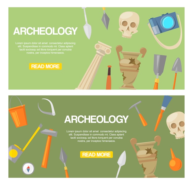 Archaeology set of banners vector. Archaeological tools, ancient artifacts