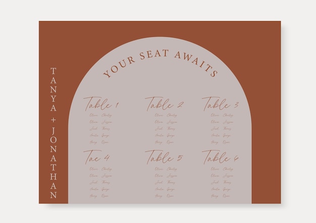 Vector arched boho wedding seating chart template terracotta and burnt orange seating plan