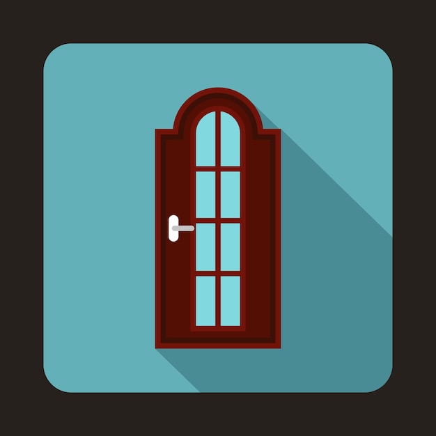 Arched wooden door with glass icon in flat style on a baby blue background