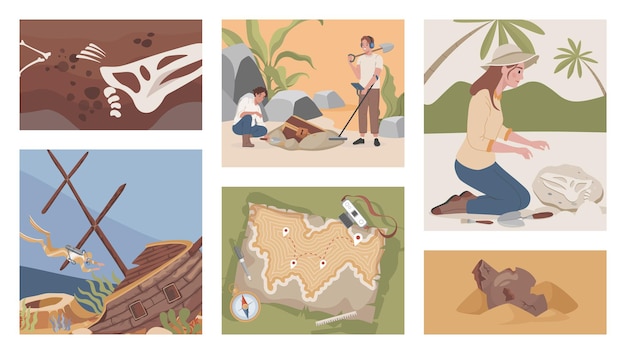 Archeological excavation vector flat illustrations men and women digging using