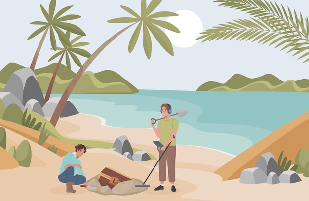 Archeologists finding treasure flat illustration men with archeological equipment