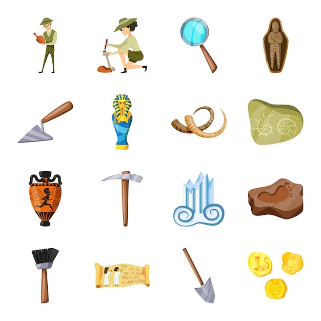 Archeology  cartoon set icon.  ancient artifact  . Isolated cartoon set icon archeology .