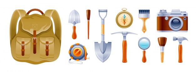 Archeology and geology vintage equipment, expedition instruments icons set.