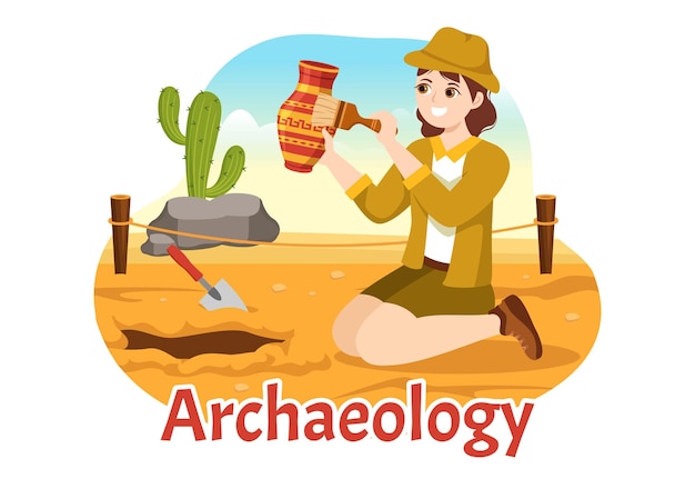 Archeology Illustration with Archaeological Excavation of ancient Ruins Artifacts and Fossil