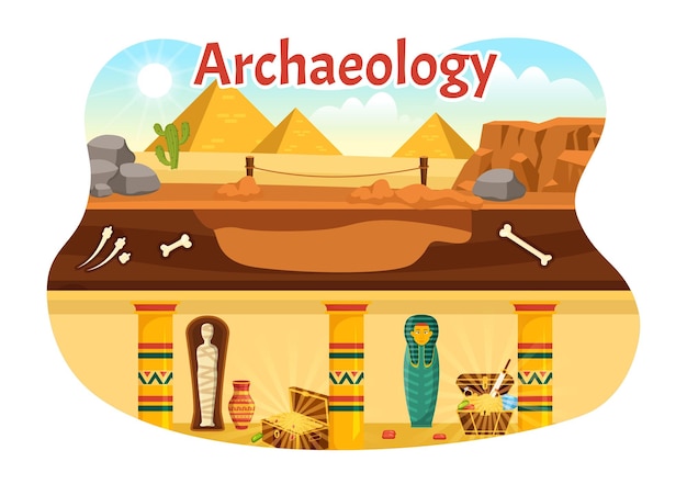 Archeology Illustration with Archaeological Excavation of ancient Ruins Artifacts and Fossil