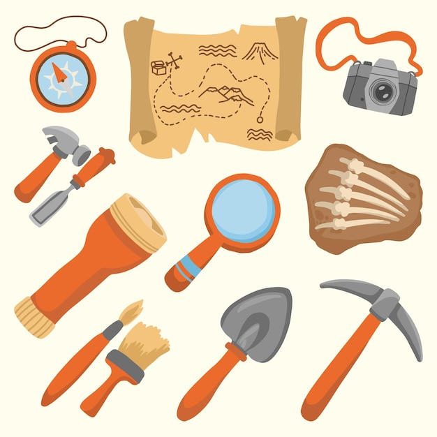 Vector archeology objects cute hand drawn illustration set