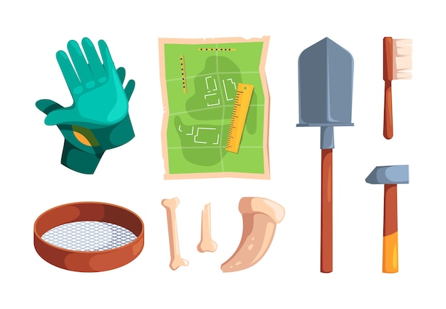 Archeology tools Digging items archiological equipment for ancient knowledge antique artifacts skull and bones adventure map garish vector collection