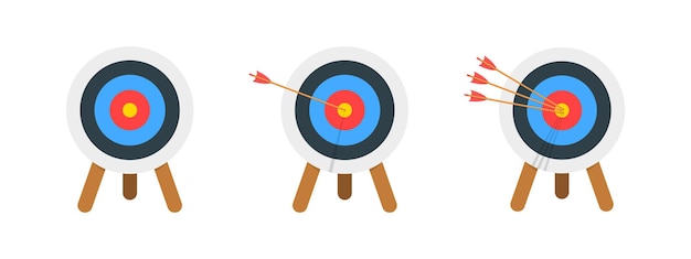 Archery target ring with and without arrows hitting bullseye Dartboard on tripod Goal achieving