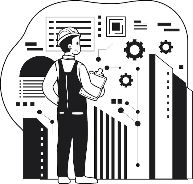 Architect conducting research and analysis illustration in doodle style