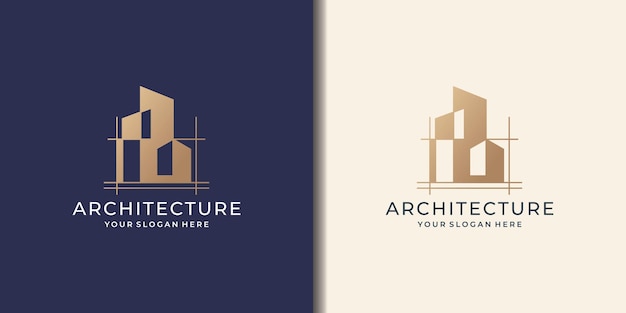 Architect house logo architectural and construction sketch design with premium golden color style