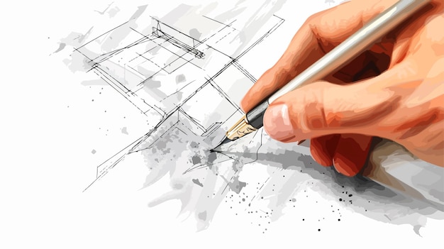 Vector architectural construction sketch being drawn with a pen in closeup view