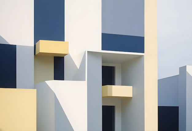 Vector architectural detail of a modern building facade with balconies clean lines and geometric shapes in yellow white and blue