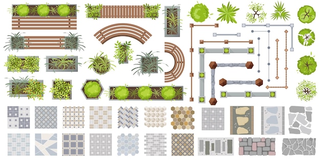 Architectural elements for landscape design top view Furniture bench fence tree tile path plant pool